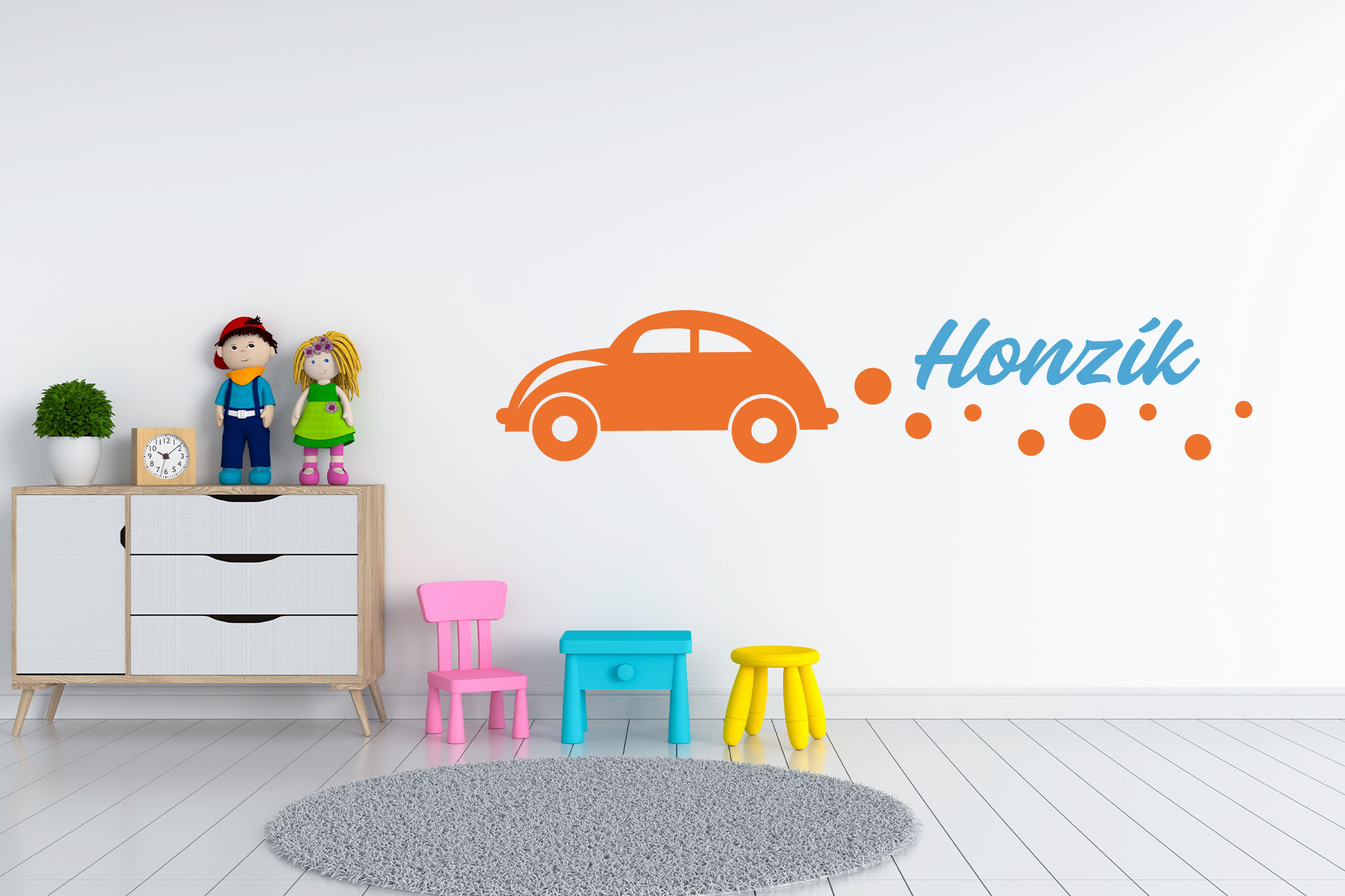 Lepy.sk Samolepka pre bábätká Auto + meno pre chlapcov Kombinácia farieb: Svetlo oranžová + ľadová modrá, Velikost vzoru po nalepení: 55x12cm