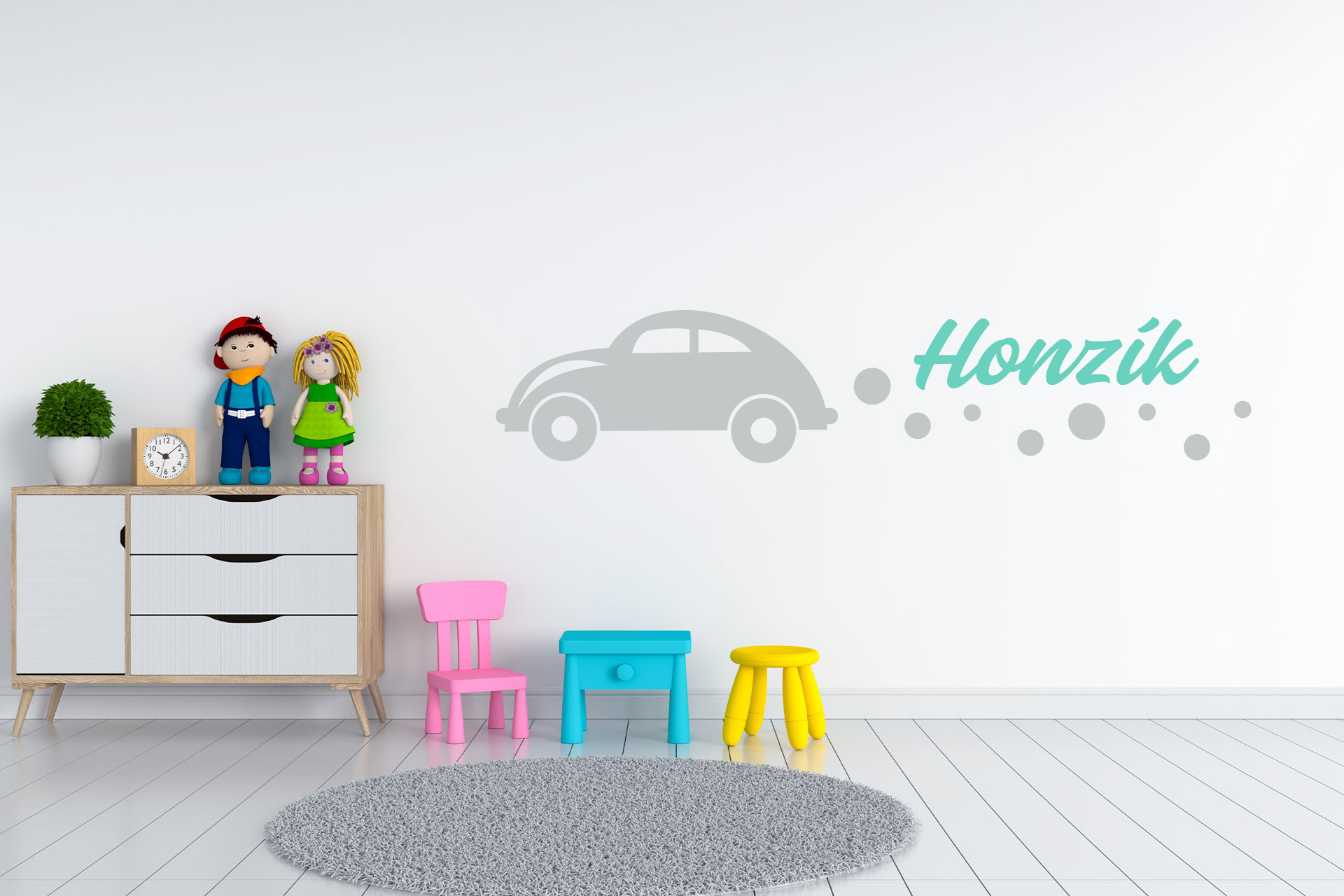 Lepy.sk Samolepka pre bábätká Auto + meno pre chlapcov Kombinácia farieb: Svetlosivá + mätová zelená, Velikost vzoru po nalepení: l00x22cm