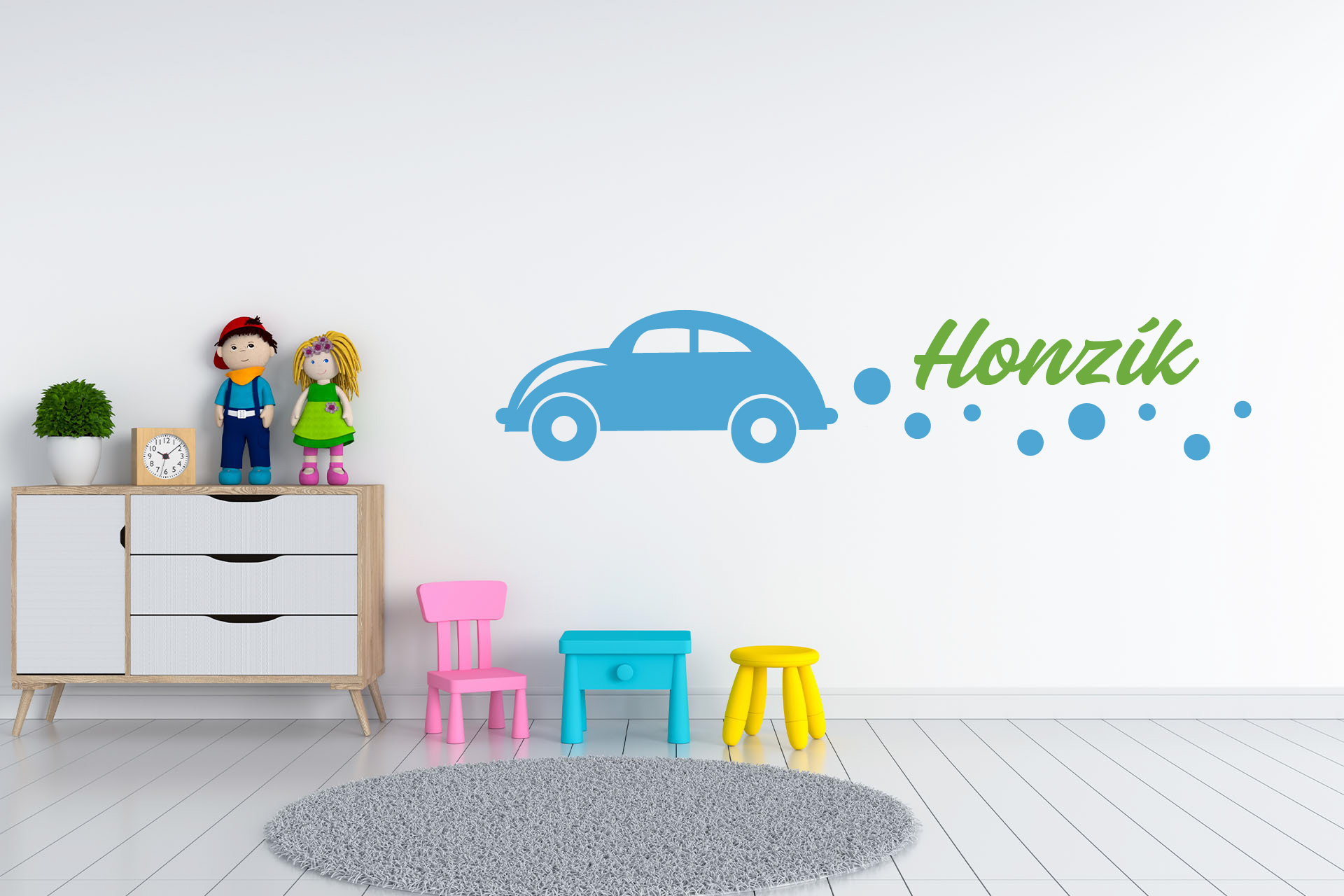 Lepy.sk Samolepka pre bábätká Auto + meno pre chlapcov Kombinácia farieb: Ľadová modrá + lipová zelená, Velikost vzoru po nalepení: 55x12cm