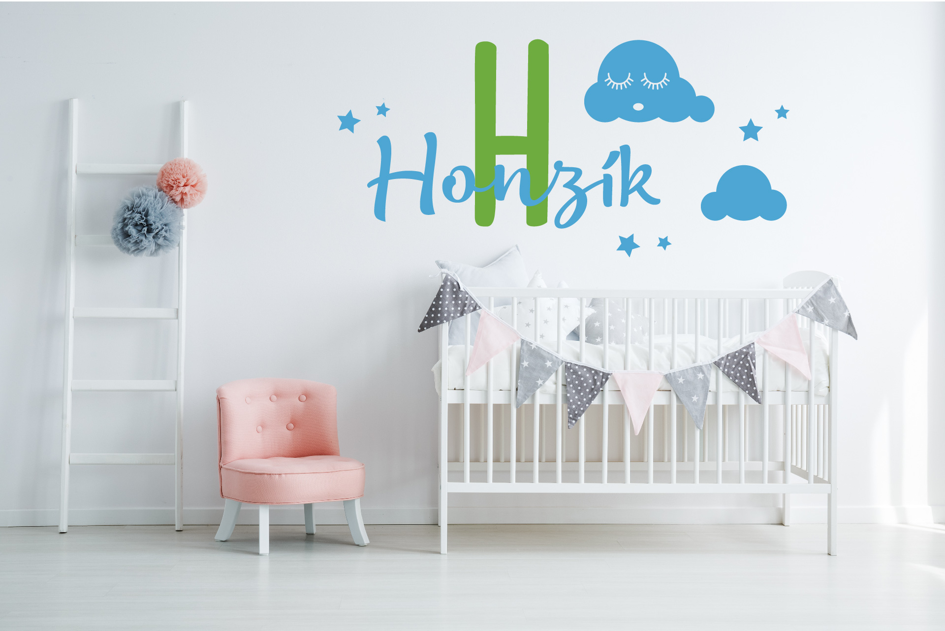 Lepy.sk Samolepka pre bábätká Mraky + meno pre chlapcov Kombinácia farieb: Ľadová modrá + lipová zelená, Velikost vzoru po nalepení: 75x36cm