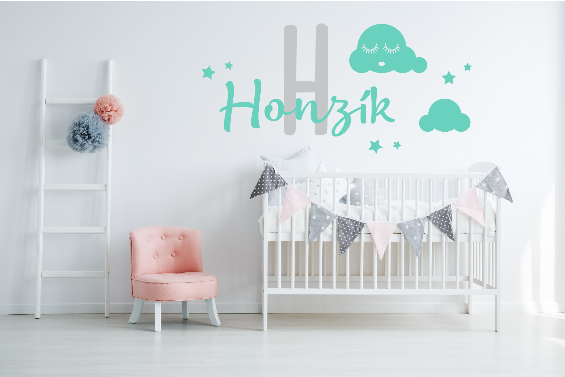 Lepy.sk Samolepka pre bábätká Mraky + meno pre chlapcov Kombinácia farieb: Svetlosivá + mätová zelená, Velikost vzoru po nalepení: 75x36cm