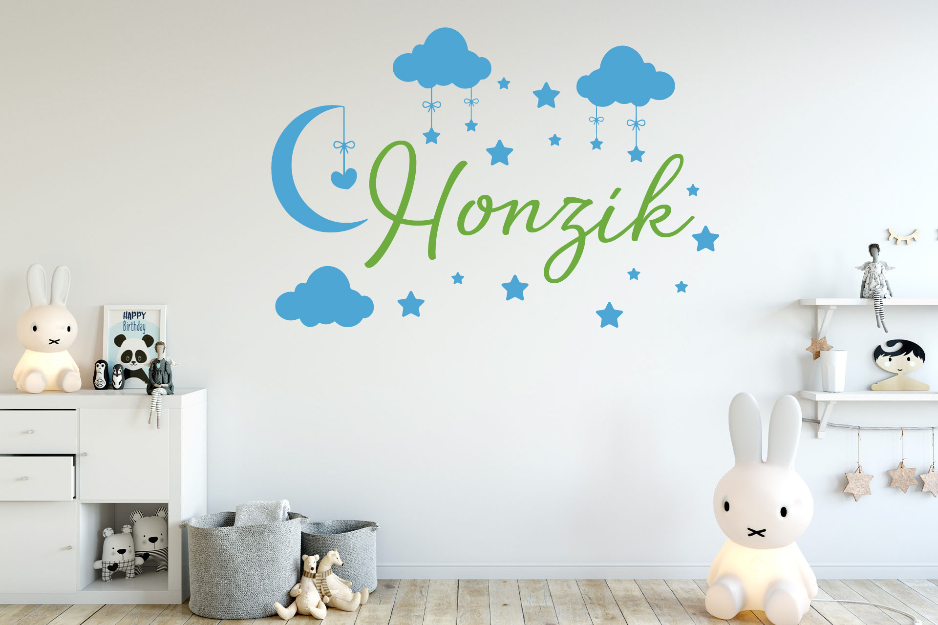 Lepy.sk Samolepka pre bábätká Obloha + meno pre chlapcov Kombinácia farieb: Ľadová modrá + lipová zelená, Velikost vzoru po nalepení: 50x33cm