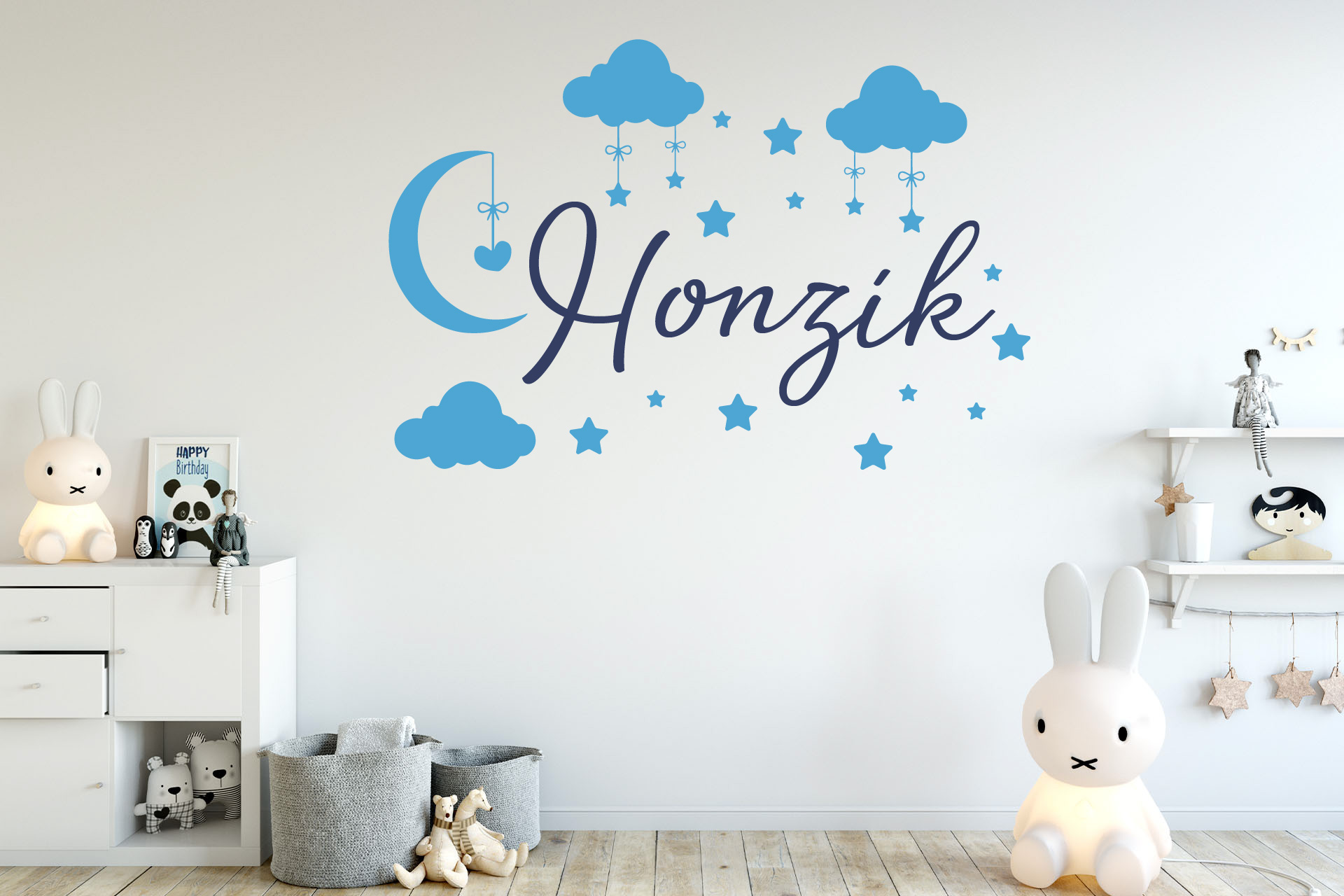 Lepy.sk Samolepka pre bábätká Obloha + meno pre chlapcov Kombinácia farieb: Ľadová modrá + tmavo modrá, Velikost vzoru po nalepení: 50x33cm