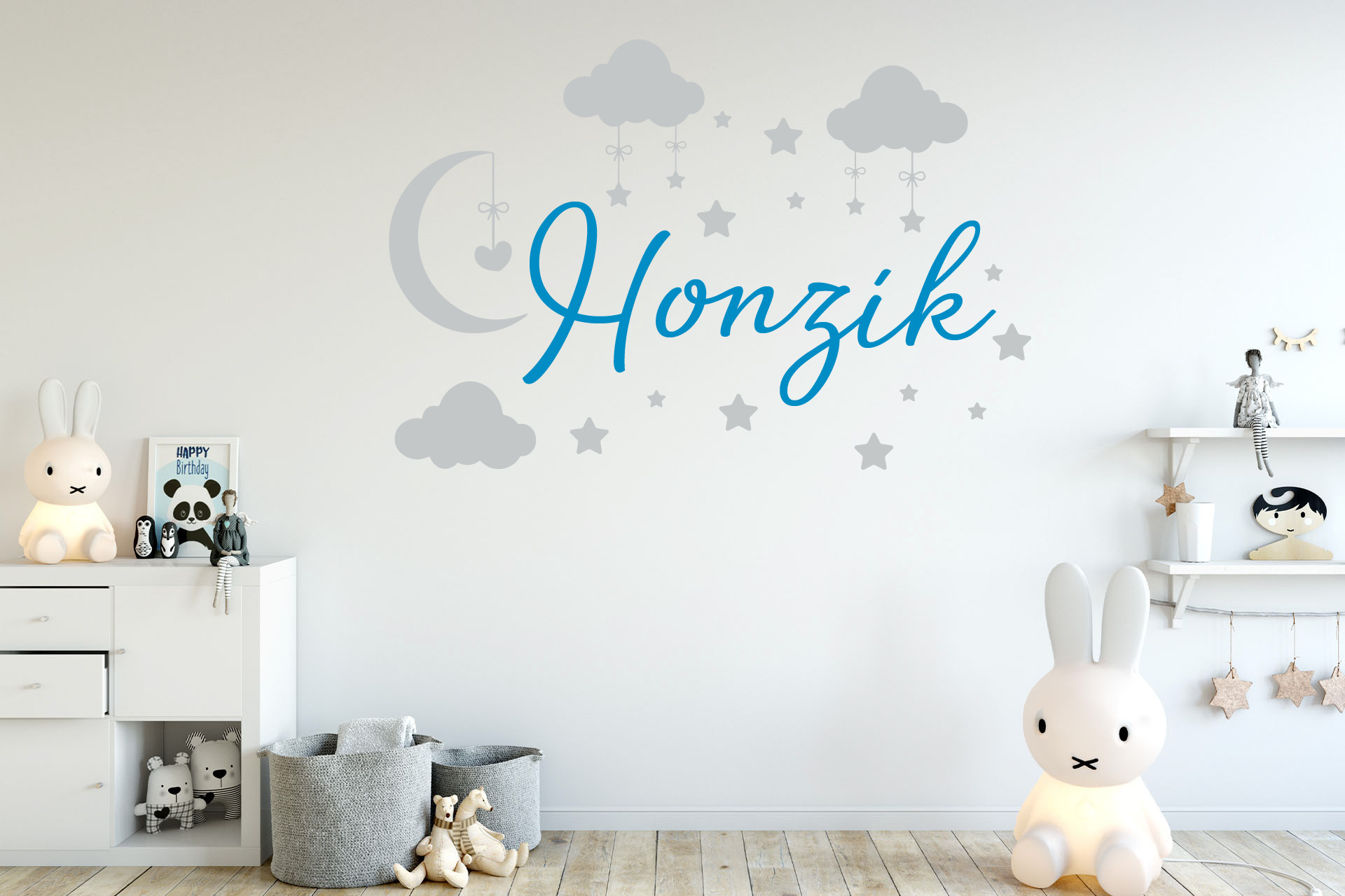 Lepy.sk Samolepka pre bábätká Obloha + meno pre chlapcov Kombinácia farieb: Svetlosivá + svetlo modrá, Velikost vzoru po nalepení: 75x50cm