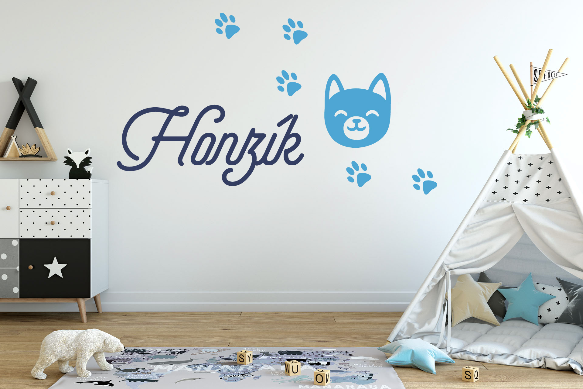 Lepy.sk Samolepka pre bábätká Psík + meno pre chlapcov Kombinácia farieb: Ľadová modrá + tmavo modrá, Velikost vzoru po nalepení: 50x28cm
