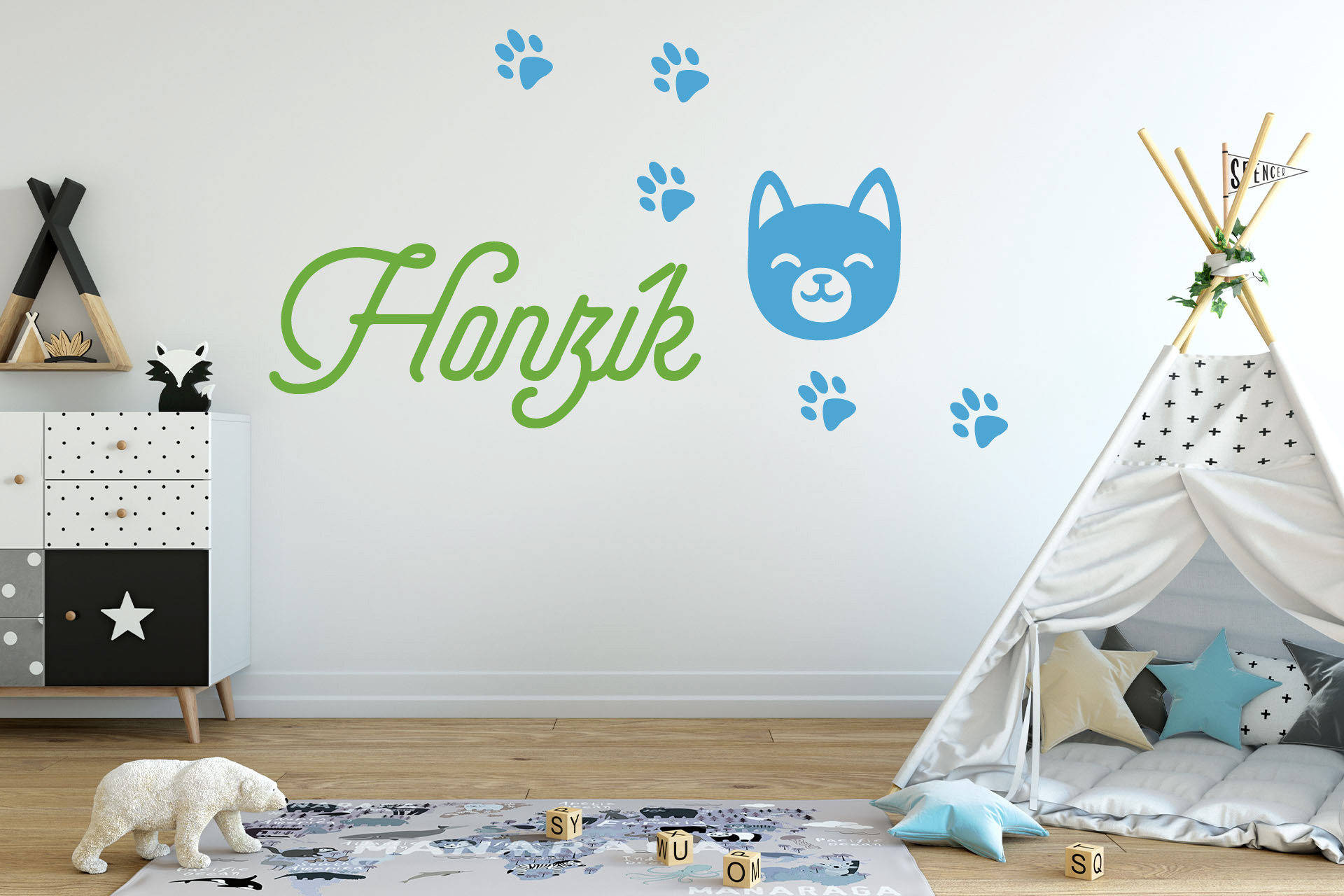 Lepy.sk Samolepka pre bábätká Psík + meno pre chlapcov Kombinácia farieb: Ľadová modrá + lipová zelená, Velikost vzoru po nalepení: l20x68cm