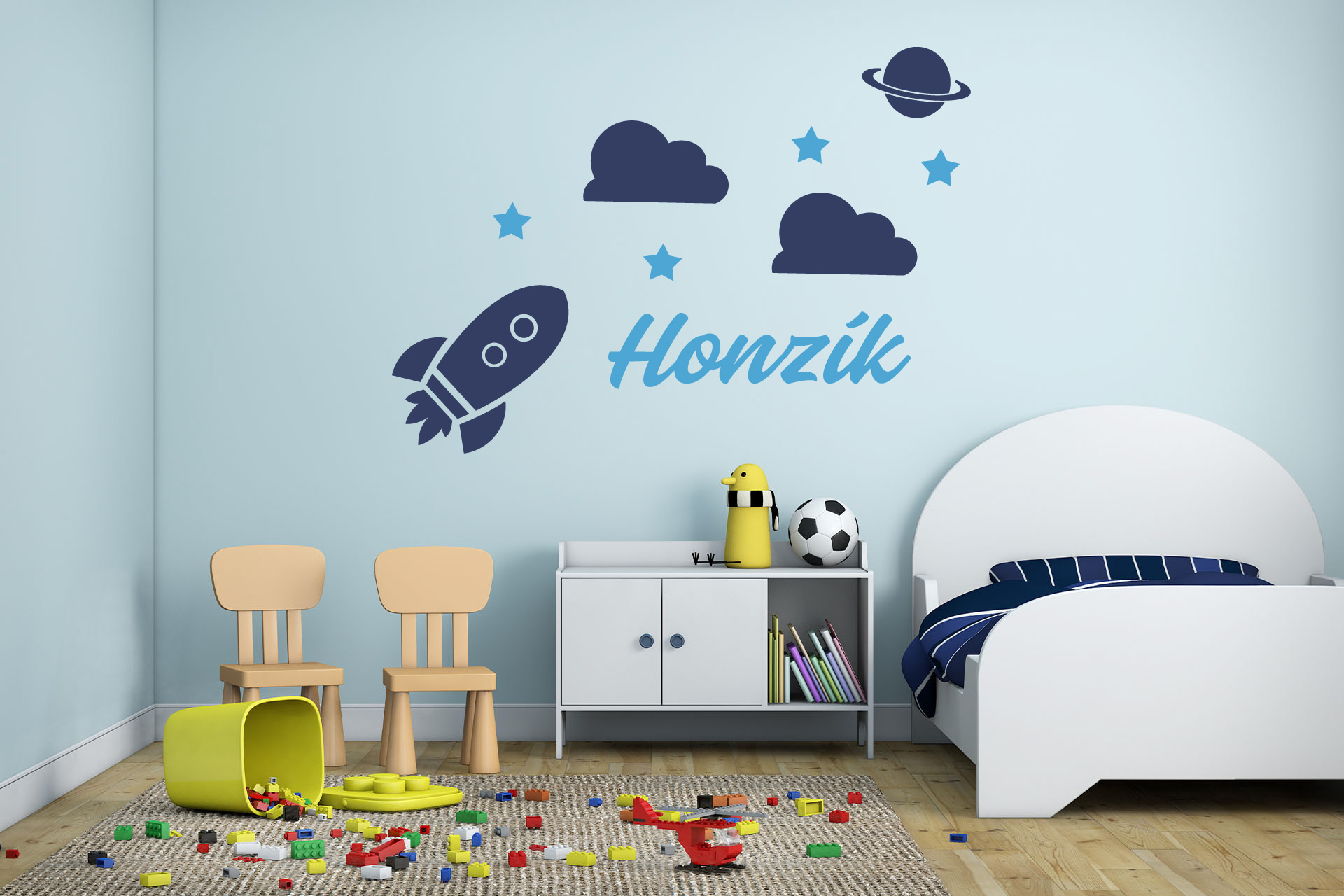 Lepy.sk Samolepka pre bábätká Raketa + meno pre chlapcov Kombinácia farieb: Ľadová modrá + tmavo modrá, Velikost vzoru po nalepení: l00x70cm