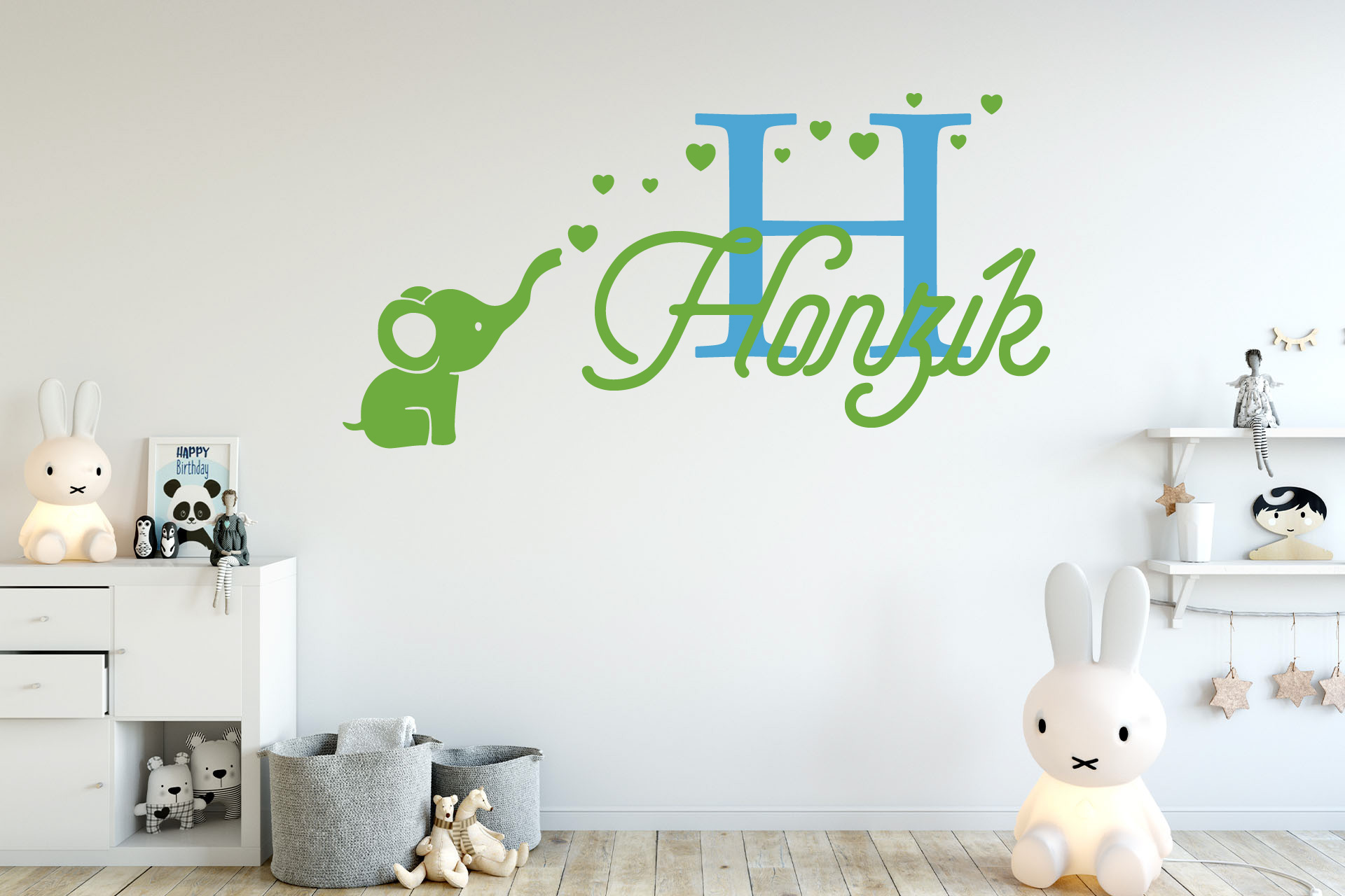 Samolepka pre bábätká Slon + meno pre chlapcov Kombinácia farieb: Ľadová modrá + lipová zelená, Velikost vzoru po nalepení: 75x37cm