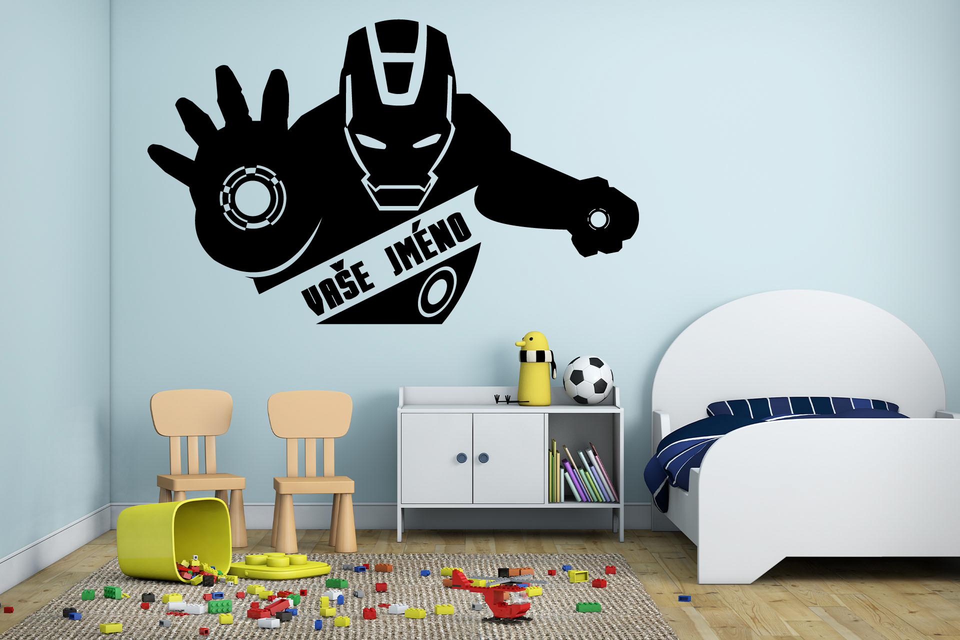 Lepy.sk Samolepka na stenu Iron man + vaše meno Velikost (šírka x výška): 90x55cm, Farebná varianta: Tyrkysová modrá