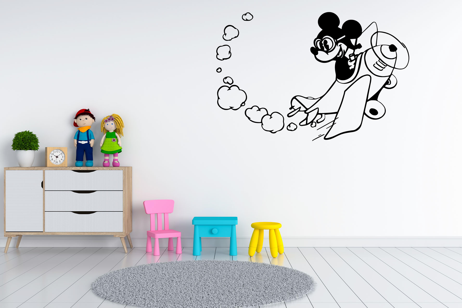 Lepy.cz Samolepka na stenu Mickey Mouse - lietadlo Velikost (šířka x výška): 65x43cm, Farebná varianta: Karafiátová růžová