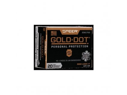 Náboj kulový Speer, Personal Protection, 9mm Luger +P, 124GR, Hihg Performace Gold Dot