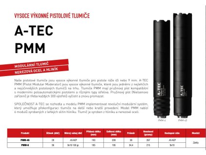 Tlumič A-TEC, PMM-6, modulový, impulzní pro pistole, ráže do 9mm, na závit 1/2"-28 UNEF