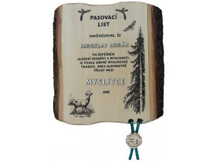 Pasovací list myslivec č.735 na desce s kůrou 3D