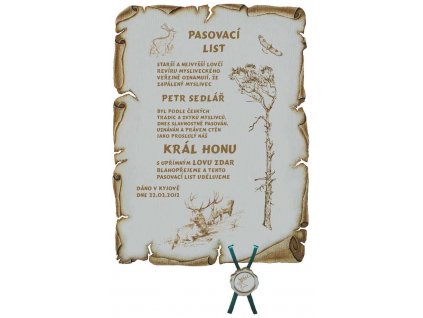 Pasovací list král honu č.722 pergamen na překližce