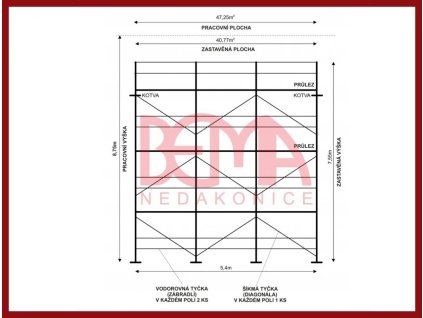 Lešení kostka s průlezovou podlážkou 47,25m2 technický výkres