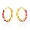 Zlaté kruhové náušnice osadené fuchsiovými kamienkami