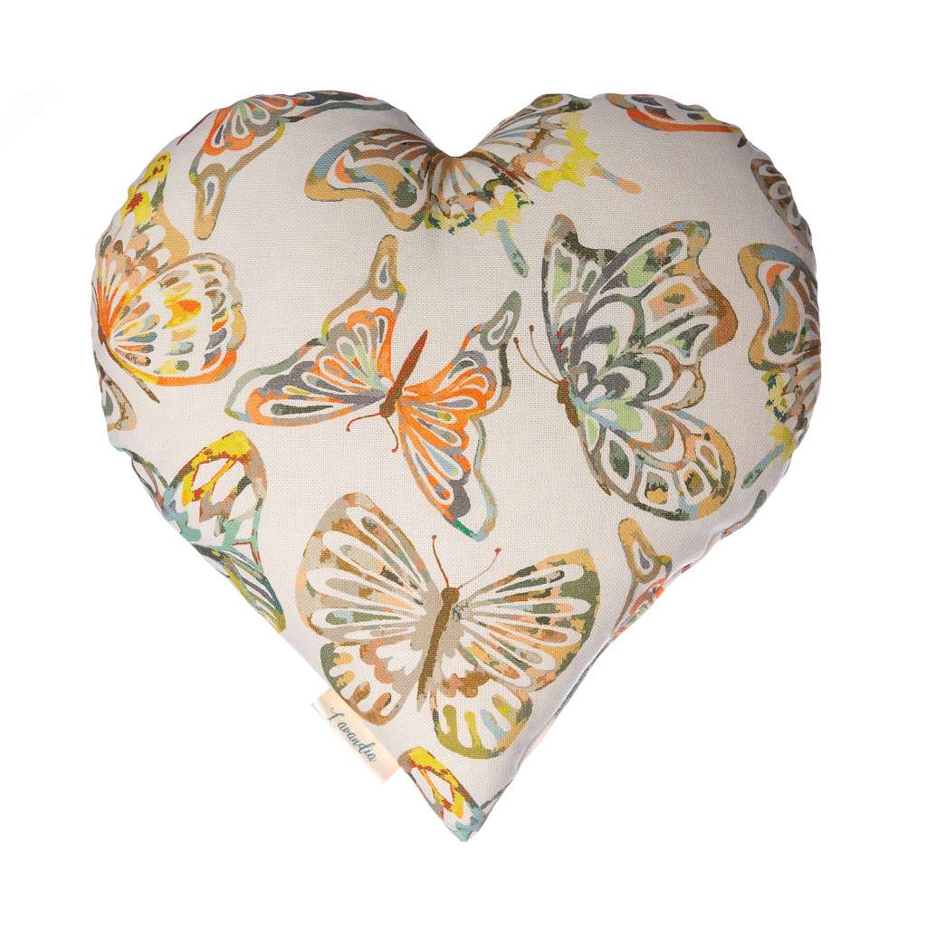 Lavandia Vonný levandulový polštář ve tvaru srdce 30 x 30 cm Vzor: Motýl na žluté