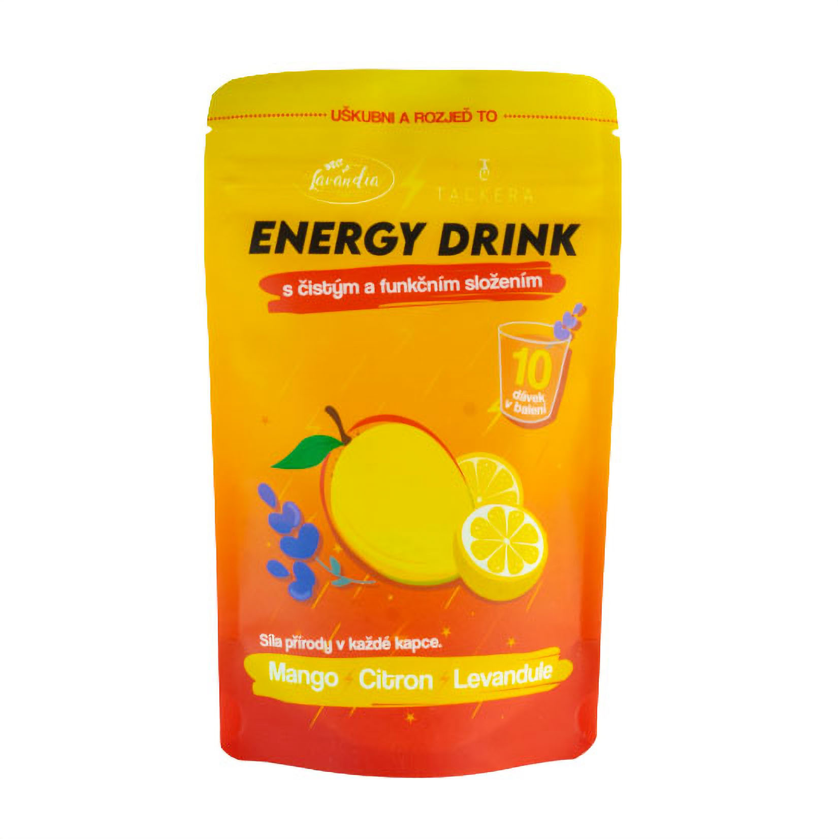 Levandulový energy nápoj Tackera s příchutí mango