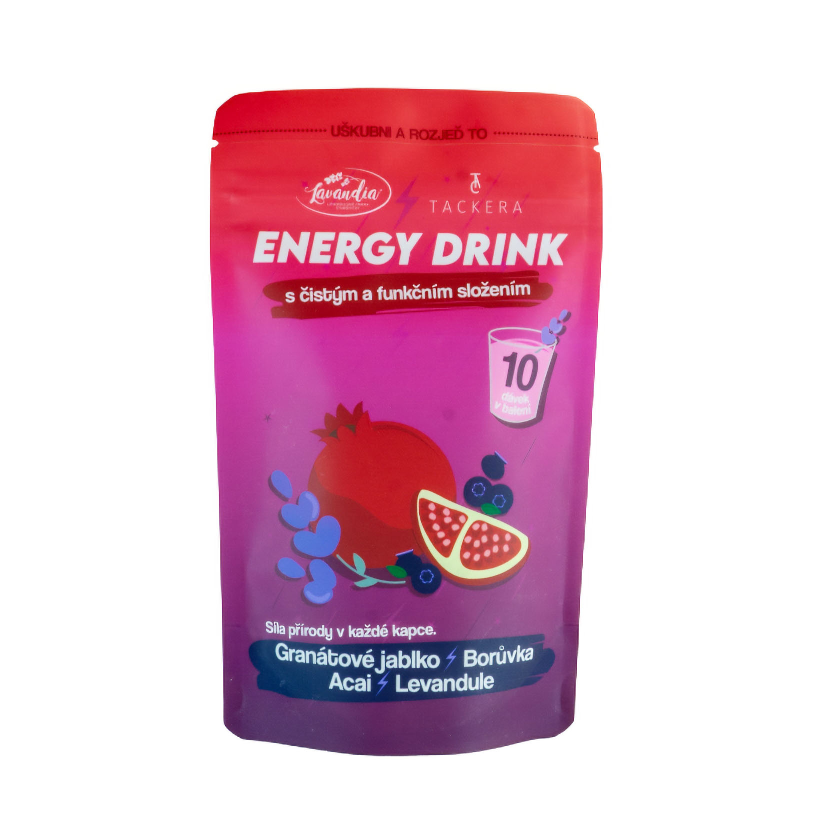 Levandulový energy nápoj Tackera s příchutí borůvky a levandule