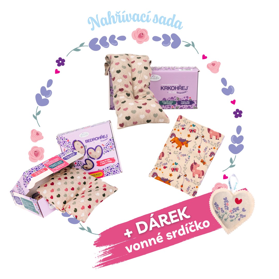 Rodinná nahřívací sada Srdce – Bedrohřej, Krkohřej a dětský polštářek a dárek Vzor Látky: Sada - Unicorn