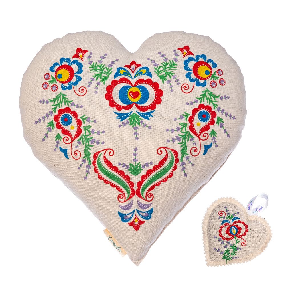 Lavandia Velká dárková sada - polštář velký 30 x 30 cm z BIO levandule a závěsné srdíčko Vzor: Slovácký motiv