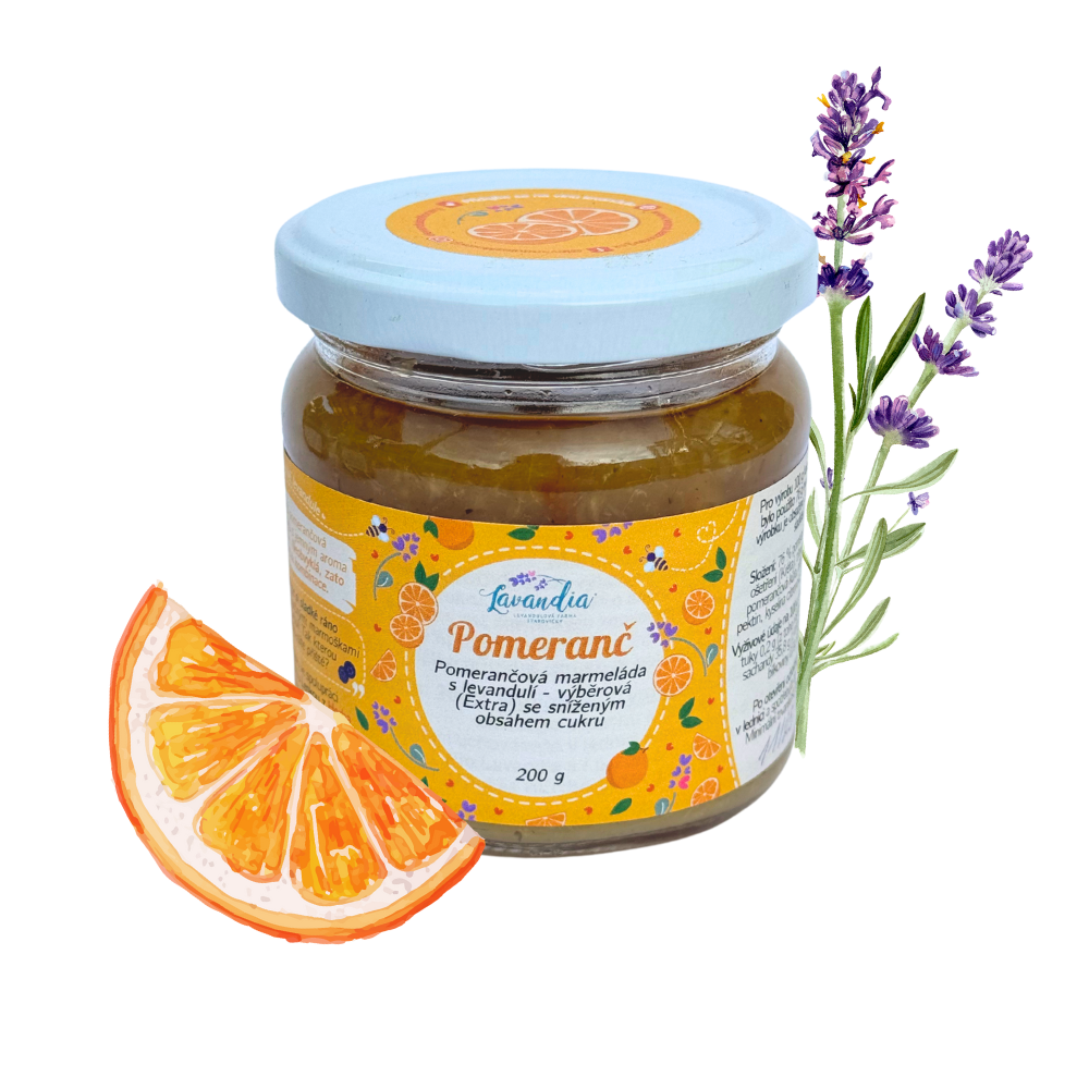 Výběrová marmeláda s ovocem a s levandulí 75 % ovoce Příchuť: Pomerančová s levandulí