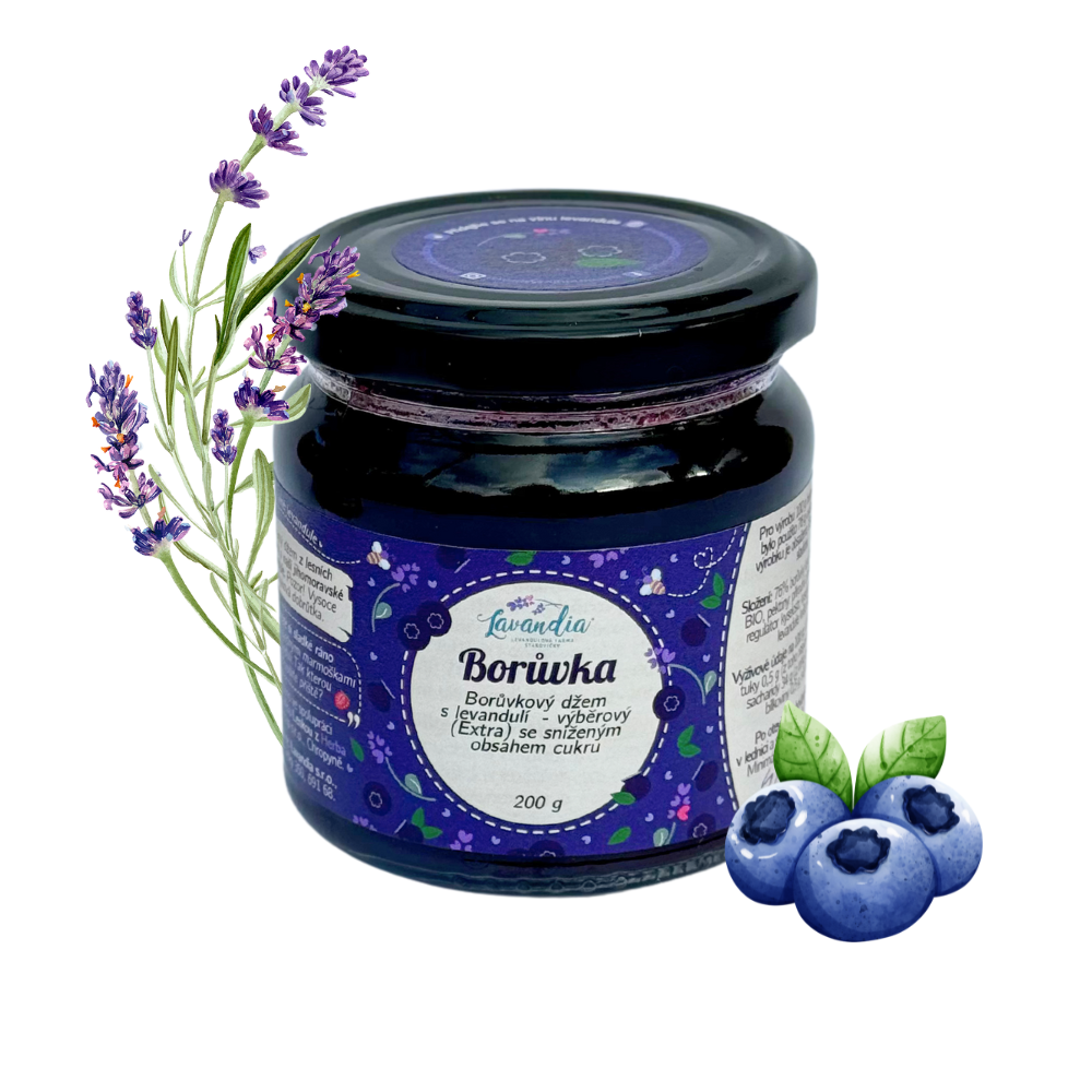 Výběrová marmeláda s ovocem a s levandulí 75 % ovoce Příchuť: Borůvková s levandulí