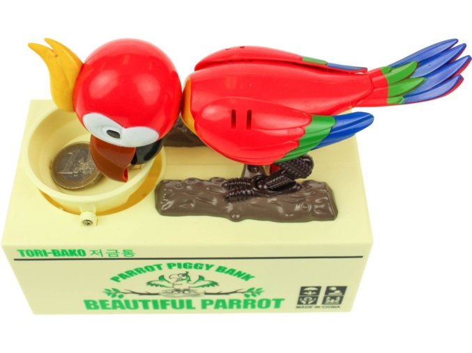 Pokladnička na mince papoušek - červená