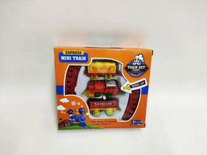 Vlak na klíček + 2 vagónky s kolejemi plast 7cm asst 2 barvy v krabičce 18x16x4cm