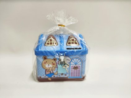 Pokladnička domeček plechová se zámkem 12x11cm 2 barvy v sáčku