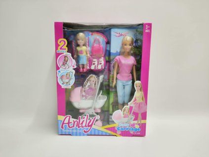 Sada panenka Anlily kloubová s holčičkou a kočárkem + doplňky plast v krabici 27x34x9cm