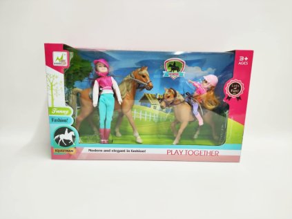 Kůň 2ks + panenka žokejka 2ks plast v krabici 44x26x12cm