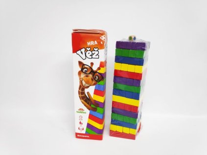 Hra věž dřevěná 60ks barevných dílků v krabičce 7,5x27,5x7,5cm