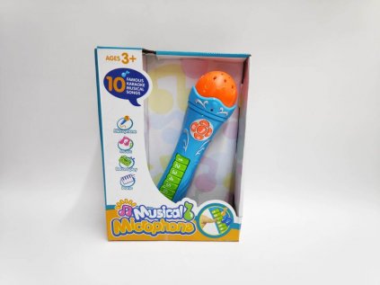 Mikrofon 23cm s nahranými písničkami, modrý v krabici 19x27x6cm