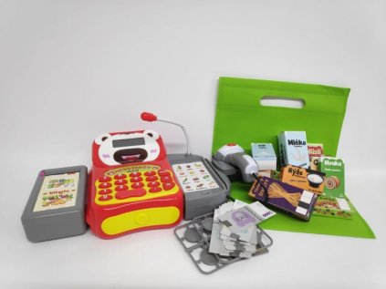 Pokladna medvídkova česky mluvící dig. 36cm s doplňky se světlem, zvukem s doplňky v tašce