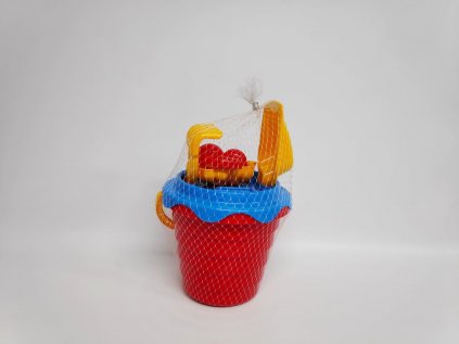 Sada na písek, kbelík se sítkem 15x13cm, lopatka, hrabičky, 2 bábovky plast 12m+