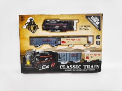 Vlak+vagónky a koleje se světlem na baterie v krabici 30x22x4cm