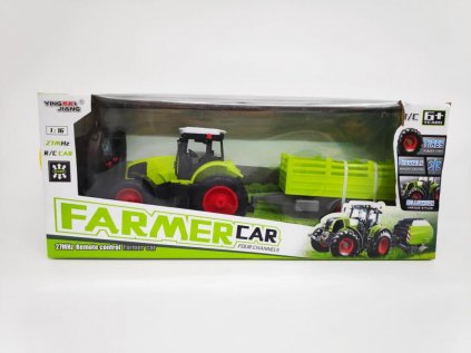 Traktor RC s vlekem plast 38cm 27MHz + dobíjecí pack na baterie v krabici 45x19x13cm