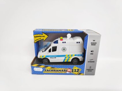 Auto policie dodávka 15cm na setrvačník  se světlem, zvukem plast v krabici 19x13x9cm