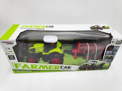 Traktor RC s vlekem na dřevo 38cm 27MHz dobíjecí pack+baterie plast v krabici 45x18x13cm