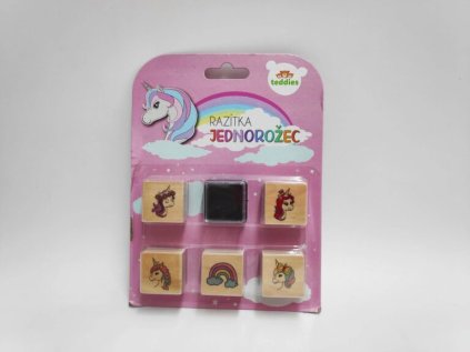 Razítka dřevěná 3x3cm jednorožec 5ks s poduškou na kartě 15x20cm