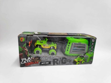 Auto RC s vlekem s dinosaurem 28cm na baterie 27mHz se světlem, zvukem v krabici 35x14x11cm