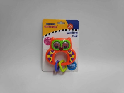 Chrastítko/kousátko sova plast 10x10cm se světlem, zvukem na baterie na kartě 3m+