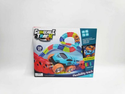 Autodráha barevná pružná 138 ks plast + auto na baterie se světlem v krabici 38x31x7cm