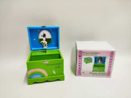 Skříňka šperkovnice jednorožec hrající na natažení dřevo odklápěcí vrch zelená 12,5x10,5cm v krabici