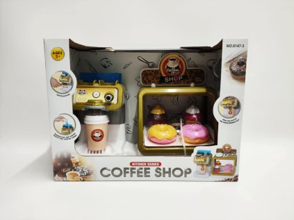 Kavárna plast kávovar + zákusky s vitrínou v krabici 35x26x17cm