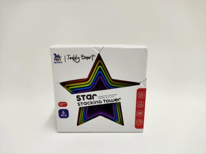 Věž/Pyramida hvězda barevná stohovací skládačka 6ks plast v krabičce 12x12x6,5cm 18m+