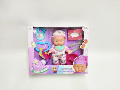 Panenka miminko 22cm pevné tělo plast s doplňky v krabici 30x24x8cm