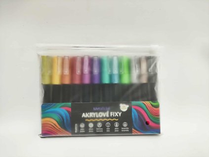 Fixy akrylové metalické 12ks i na keramiku,sklo,kameny, hrot 4mm v sáčku 18x12cm