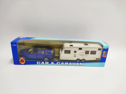Auto s karavanem kov/plast 29cm na zpětné natažení 2 barvy v krabičce 32x8x6cm